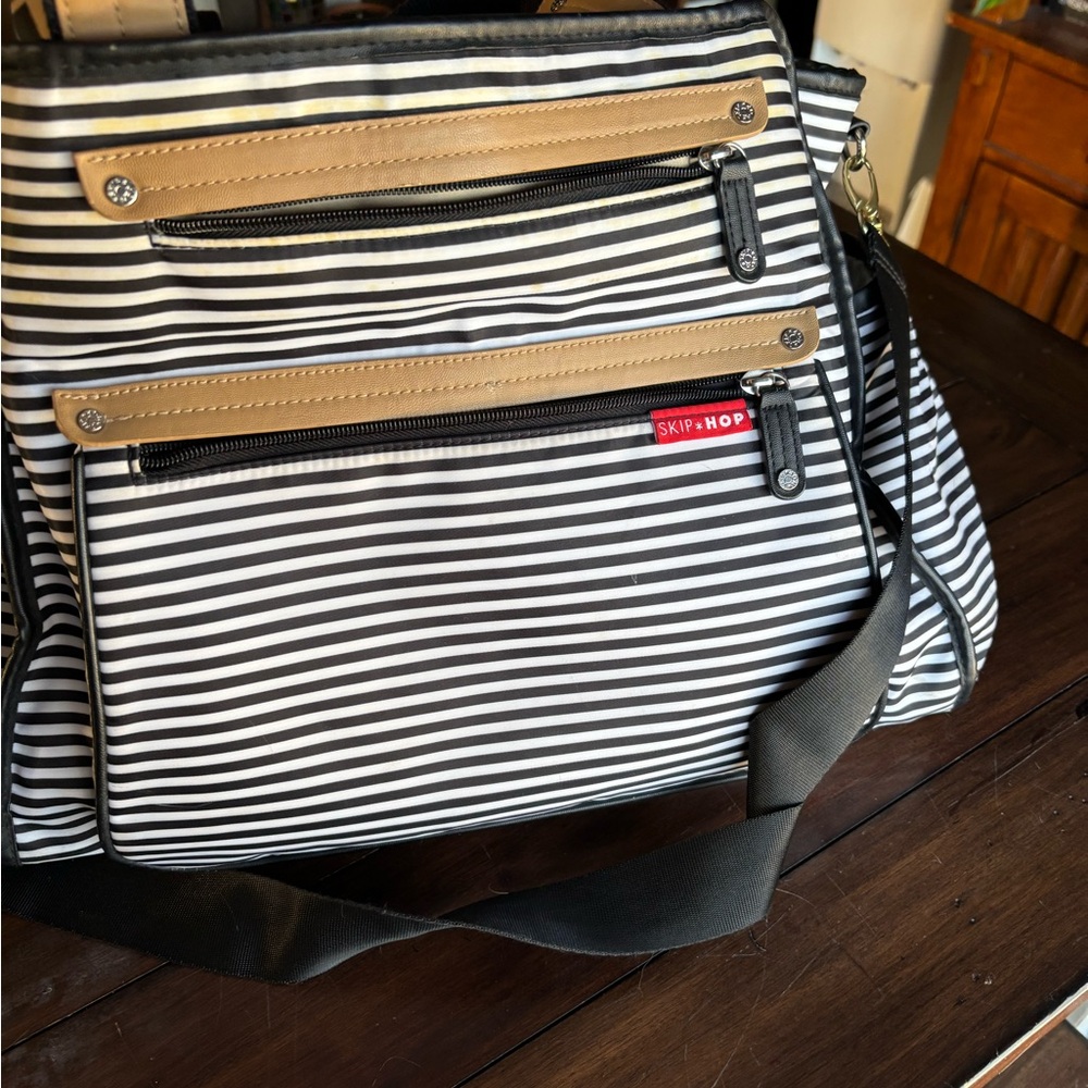 Skip Hop Black and White Messenger Bag with Classic Stripes